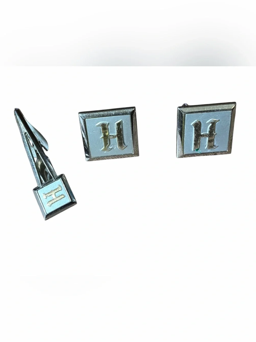 Vintage Swank H Monogram Cufflinks and Tie Bar Set Silver Classic Mid Century